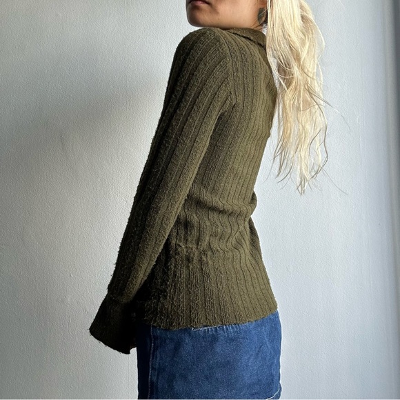 Princess Polly Ribbed Knit Cardigan w/ Slit Bell Sleeves in Olive Green - Picture 3 of 11